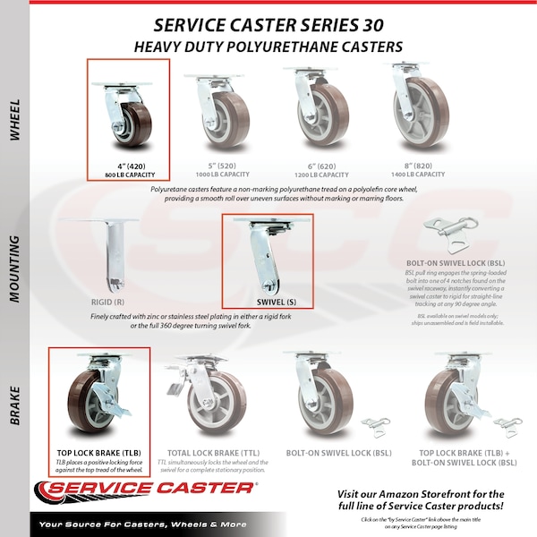 4 Inch Stainless Steel Polyurethane Swivel Caster Set With Ball Bearing 2 Brakes